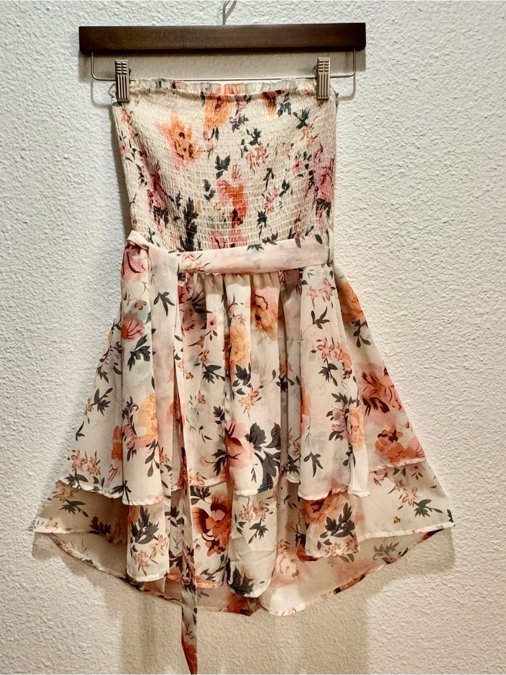 Simplee Floral Strapless Chiffon Romper Dress in Peach and Green